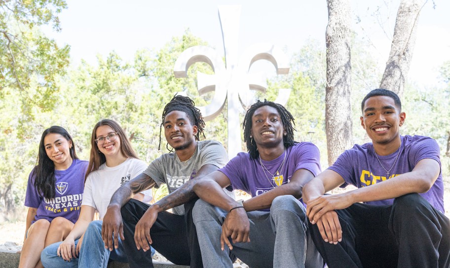 Students on campus near the Cruciform